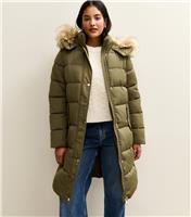 Women's Khaki Faux Fur Hood Longline Puffer Coat New Look