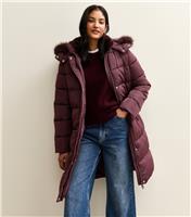Women's Dark Burgundy Faux Fur Hood Longline Puffer Coat New Look