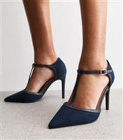 Women's Wide Fit Navy Suedette T-Bar Court Shoes Vegan New Look