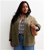 Women's Plus Size Khaki Flap Pocket Barn Jacket Curves New Look