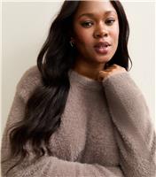Women's Plus Size Dark Mink Fluffy Crew Neck Jumper Curves New Look