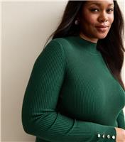Women's Plus Size Dark Green Ribbed Button Detail Top Curves New Look