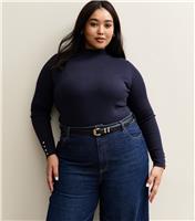 Women's Plus Size Navy Ribbed Button Detail Top Curves New Look