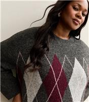 Women's Plus Size Grey Argyle Knit Oversized Jumper Curves New Look