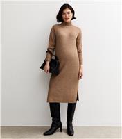 Women's Maternity Dark Mink Rib High Neck Midi Dress New Look