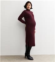 Women's Maternity Dark Burgundy Rib High Neck Midi Dress New Look