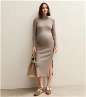 Women's Maternity Mink High Neck Side Slit Ribbed Jersey Midi Dress New Look