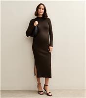 Women's Maternity Brown High Neck Side Slit Ribbed Jersey Midi Dress New Look