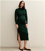Women's Maternity Dark Green High Neck Side Slit Ribbed Jersey Midi Dress New Look