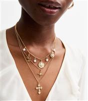 Gold Tone Multi Layer Faux Pearl and Diamant Star Cross Pendant Necklace New Look