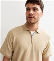 Men's Light Brown Short Sleeve Zip Knitted Polo Shirt Jack & Jones New Look