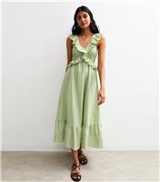 Women's Light Green Ruffle Trim Tiered Hem Midi Dress New Look