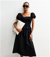 Women's Tall Black Shirred Puff Sleeve Midi Dress New Look