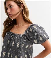 Women's Black Gingham Floral Embroidered Milkmaid Top New Look