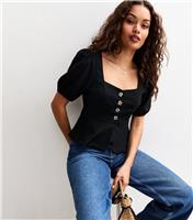 Women's Petite Black Button Up Square Neck Peplum Top New Look