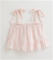 Women's Petite Pink Striped Cotton Tie Shoulder Cami Top New Look