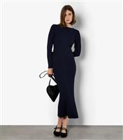 Women's Navy Ribbed Side Slit Low Back Midi Dress Apricot New Look