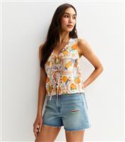 Women's Cream Postcard Print Tie Front Top New Look