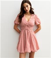 Women's Pink Gingham Check Puffball Hem Micro Mini Dress New Look