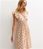 Women's Cream Floral Print V-Neck Ruched Midi Dress New Look
