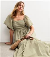 Women's Light Green Pintuck Lace Trim Midi Dress New Look