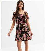 Women's Black Chiffon Floral Print Puffball Skirt Mini Dress New Look