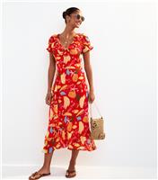 Women's Red Tropical Print Ruffle Trim Chiffon Midi Dress New Look