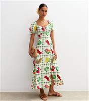 Women's Green Checked Fruit Print Milkmaid Midi Dress New Look