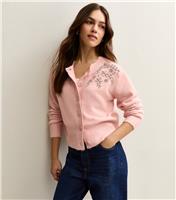 Women's Petite Light Pink Diamante Embellished Crew Neck Cardigan New Look