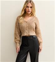 Women's Petite Gold Fluffy Sparkle Cropped Cardigan New Look