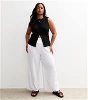 Women's Plus Size White Shirred Waist Wide Leg Trousers Curves New Look