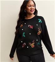 Women's Plus Size Black Christmas Reindeer Sequin Jumper Curves New Look