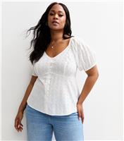Women's Plus Size White Cutwork V-Neck Tea Blouse Curves New Look
