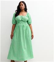 Women's Plus Size Green Gingham Print Textured Milkmaid Midi Dress Curves New Look