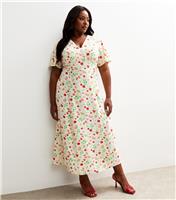 Women's Plus Size Cream Fruit Print Short Sleeve Midi Tea Dress Curves New Look