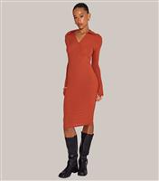 Women's Orange V-Neck Ribbed Midi Dress WKNDGIRL New Look