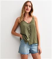 Women's Dark Khaki Button Through Cami Top New Look