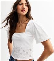 Women's White Broderie Anglaise Square Neck Top New Look