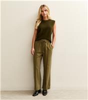 Women's Petite Khaki Drawstring Waist Wide Leg Trousers New Look