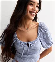 Women's Blue Smocked Puff Sleeve Top New Look