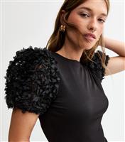 Women's Black Jersey Floral Mesh Puff Sleeve Ribbed Top New Look