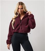Women's Burgundy Borg Cropped Zip Up Top Gym King New Look