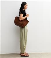 Women's Light Khaki Barrel Leg Linen Blend Trousers New Look