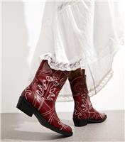 Women's Burgundy Faux Leather Rose Embroidered Boots Public Desire New Look