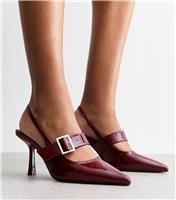 Women's Dark Burgundy Aura Faux Patent Leather Buckle Strap Heels Public Desire New Look