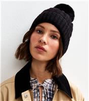 Black Cable Knit Faux Fur Pom Pom Bobble Hat New Look