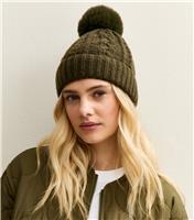 Khaki Cable Knit Faux Fur Pom Bobble Beanie New Look