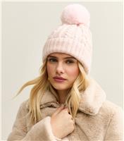Light Pink Cable Knit Faux Fur Pom Pom Bobble Hat New Look