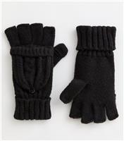 Black Cable Knit Flip Top Gloves New Look