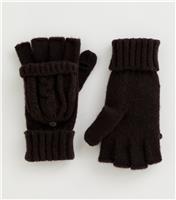 Dark Brown Cable Knit Flip Top Gloves New Look